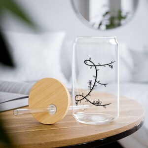 Floral Vine Initial Sipper Glass 16oz | Bamboo Lid Straw