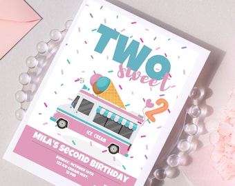 Two Sweet Birthday Invitation | Ice Cream Party, Girl's 2nd (Digital Download)