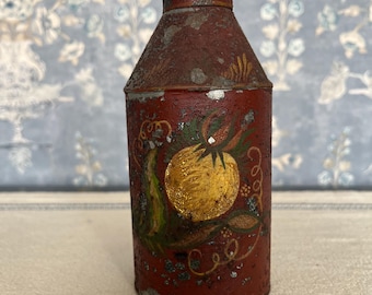 Antique Toleware Tea Canister – Hand-Painted Fruit Motif, Victorian Folk Art