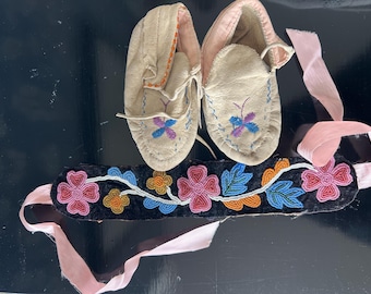 Antique Ojibwe Beaded Child’s Moccasins & Ceremonial Band | ca. 1900