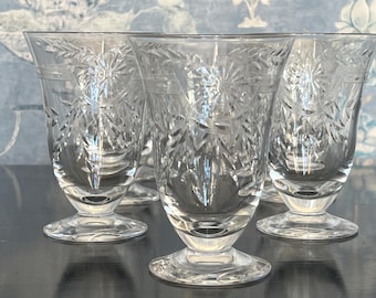 Vintage Glastonbury Lotus Hostess Juice Glasses - Set of 7 - Stem 75, Cut 17 - Etched Floral & Laurel Pattern