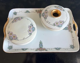 Vintage Thun Porcelain Dresser Set – Hand-Painted Floral Art Deco Tray