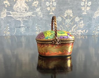 Authentic P.V. Limoges France Fruit Basket Trinket Box - Peint Main Hand Painted Porcelain