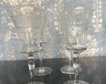 Vintage Cut Crystal Water Goblets – Set of 4, Floral Crosshatch Stemware
