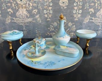 Antique Forget-Me-Not Vanity Set • 7-Piece Limoges & Royal Bayreuth • Blue Floral Dresser Decor