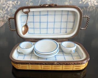 Authentic Limoges France Hand Painted Picnic Basket- Limoges Trinket Box - Signed Peint Main