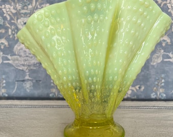 Vintage Fenton Topaz Opalescent Uranium Glass Fan Vase - Hobnail Pattern - Large