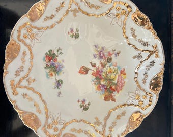 Opulent German Porcelain - Vintage J.P. Fisher Floral Centerpiece Bowl with Heavy Gold Gilt