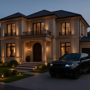 Puede incluir: Una lujosa casa de dos pisos con un SUV negro estacionado en el camino de entrada. La casa presenta una fachada de piedra de color claro, un techo oscuro y múltiples ventanas con iluminación interior cálida. El paisajismo incluye céspedes cuidados y caminos iluminados.