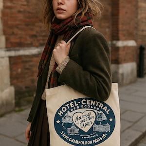 Paris Hotel Central Tote Bag | Vintage French Canvas Shopper | Retro Parisian Style Shoulder Bag  Description: