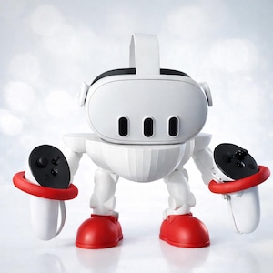 May include: A white VR headset and controllers are integrated into a robot-like figure with red accents. The robot has a white body, red shoes, and holds black controllers with red rings. The design is playful and modern.