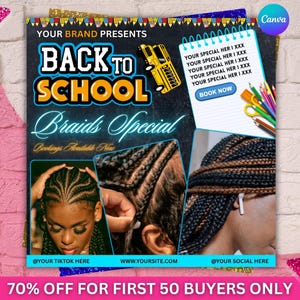 Back To School Flyer, Back to school hair flyer, Back to school sale flyer, DIY canva template, Back 2 School Flyer, Braid Special Flyer