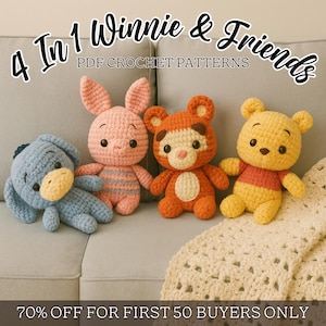 4 in 1 Bear Winnie Pooh, Piglet, Donkey and Tigger Crochet pattern, teddy tiger toy, Amigurumi toys pig pattern in eng,Disney crochet donkey