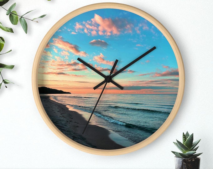 Featured listing image: Deep Pink and Blue Beach Sunset Wall Clock