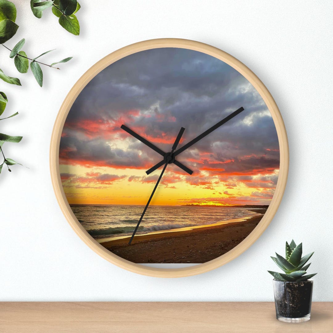 Dramatic Ocean Sunset Wall Clock | Coastal Beach Photography | Natural ...