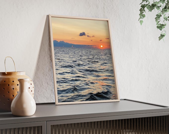 Featured listing image: Coastal Sunset Poster: Ocean Waves, Pink & Blue Sky, Framed Art