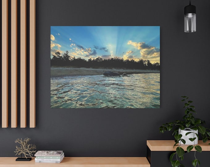 Featured listing image: Coastal Seascape Canvas Print: Sun Rays Over Ocean, Nature Photography
