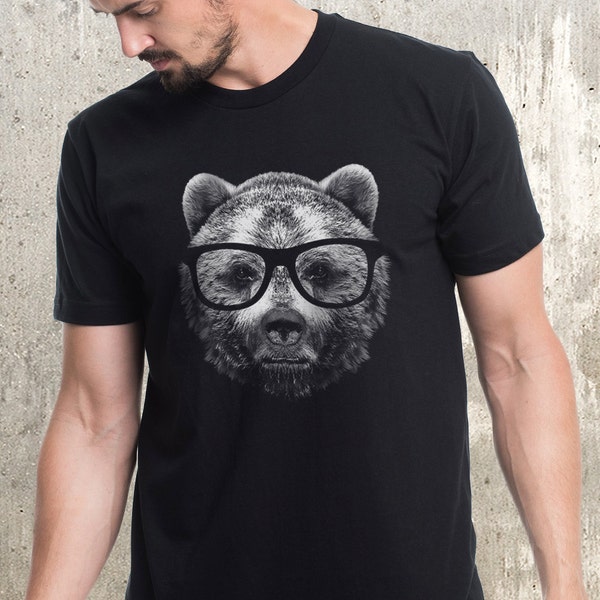 Men's Graphic Tees - Wise Bear with Glasses Black Short Sleeve T-Shirt - Funny Screen Printed T-Shirts - Graduation Gift