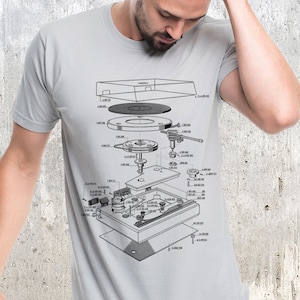 Turntable T Shirt Graphic Tee Vinyl Turntable Diagram DJ T Shirt Vinyl Record TShirt Mens/Unisex Silver image 1