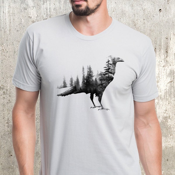 All Cotton Graphic Tees for Men - Blackbird & Forest Double Exposure - Raven T Shirt - Crow Shirt - Nature T Shirt Mens/Women