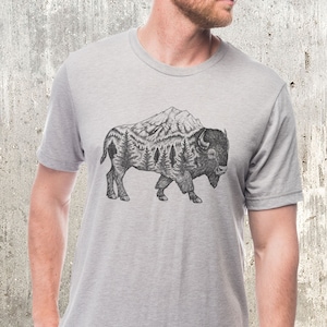 Mens TShirt Buffalo TShirt - Buffalo Mountain Forest Design - Bison TShirt - Wyoming Gifts for Men - Screen Print TShirt Mens/Unisex