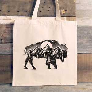 Buffalo and Forest Tote Bag - Canvas Tote Bag Yellowstone - Beer Tote Whiskey Bag - Bison Tote Bag