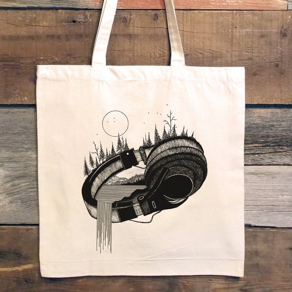 Music Tote Bag - Headphones and Nature Landscape - Canvas Tote Bag - Tote Bag Aesthetic - Graphic Tote Bag