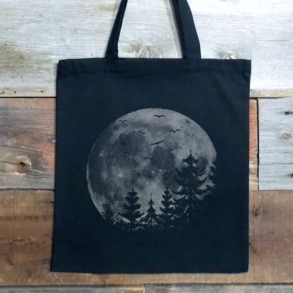 Black Canvas Tote Bag - Moon Tote Bag - Full Moon and Pine Tree Silhouettes - Large Canvas Tote - Trick or Treat Bag