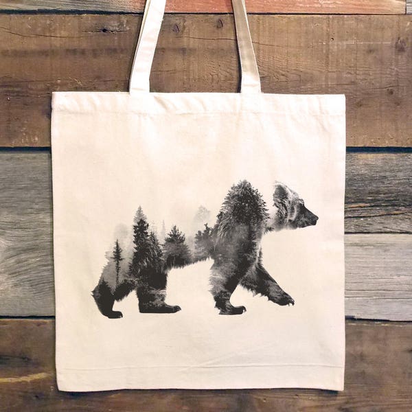 Double Exposure Bear - Bear Tote - Grocery Tote Bag Canvas - Cute Tote Bag - Bear and Forest  - Science Tote