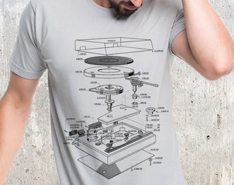 Turntable T Shirt Graphic Tee - Vinyl Turntable Diagram - DJ T Shirt - Vinyl Record TShirt Mens/Unisex | Silver