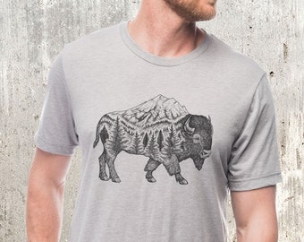 Mens TShirt Buffalo TShirt - Buffalo Mountain Forest Design - Bison TShirt - Wyoming Gifts for Men - Screen Print TShirt Mens/Unisex