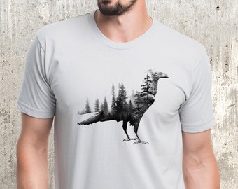 Nature-Inspired Blackbird Forest Graphic Tee - Unisex Short Sleeve Outdoor Shirt for Bird Enthusiasts