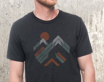 Men's Graphic Tee Shirts - Mountain Peak Pattern - Screen Printed Mountain Tee Shirt - Tri-Blend Black Shirt for Outdoors and Nature Lovers