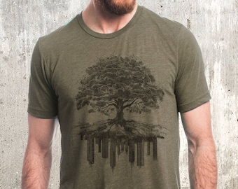 Tree Graphic Tees - Tree and Crumbling City - Tree T Shirt Men /Unisex - Tri Blend T Shirt | Olive