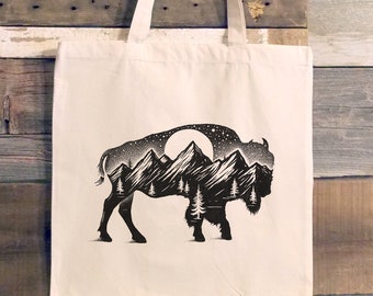 Buffalo and Forest Tote Bag - Canvas Tote Bag Yellowstone - Beer Tote Whiskey Bag - Bison Tote Bag
