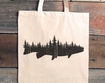 Fish and Forest Tote Bag - Fish Tote Bag Canvas - Christmas Fishing Gift for Fisherman  - Groomsmen Gift Bag