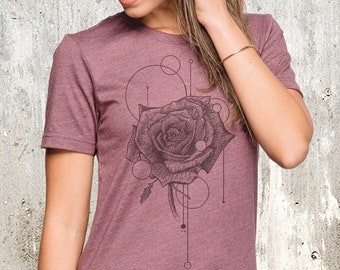 Floral T Shirts for Women - Simple T Shirt - Wildflower Shirt - Rose Tshirt Women - Lines and Flora Design - Soft Summer Tee