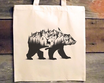 Mountain Tote Bag - The Bear and The Mountains Canvas Tote Bag - Eco Bags - Winter Tote - Bear Tote Bag Canvas