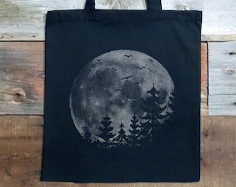 Black Canvas Tote Bag - Moon Tote Bag - Full Moon and Pine Tree Silhouettes - Large Canvas Tote - Trick or Treat Bag