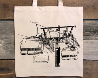 White Canvas Tote - Ski Lift Tote Bag - Chairlift Illustration - Canvas Tote Bag - Summer Tote - Mountain Bag - Mountain Tote Bag