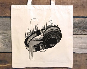 Music Tote Bag - Headphones and Nature Landscape - Canvas Tote Bag - Tote Bag Aesthetic - Graphic Tote Bag