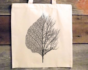 White Canvas Tote Bag - Leaf and Tree Illustration - Fall Tote Bag - Bridesmaid Gifts - Leaf Tote Bag - Canvas Grocery Bag