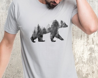 Nature TShirt Bear Shirt Mens Gift - Double Exposure Bear -T Shirt Men’s/Unisex | Light Gray