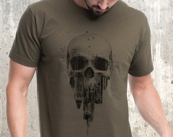 Skull T-Shirt - Skull and Crumbling City Men's T-Shirt - Skull Shirt for Men and Women - Screen Printed Skull Shirt with Crumbling City