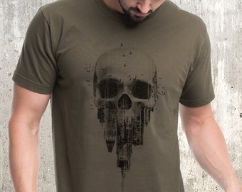 Skull TShirt - Skull and Crumbling City Graphic Tees - Skull Shirts for Men and Women - Skateboard Shirt