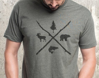 Men's Nature T-Shirt - Pine Bear Trout Bighorn T-Shirt - Nature-Inspired Wildlife Graphic Tee - Nature Themed Gifts - Rustic Outdoor Tees