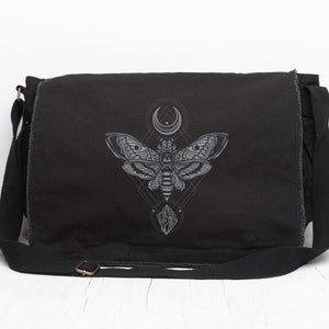 Black Canvas Messenger Bag - Moth Moon and Rock - Messenger Bag Women/Men -  Vintage Messenger Bag Woman