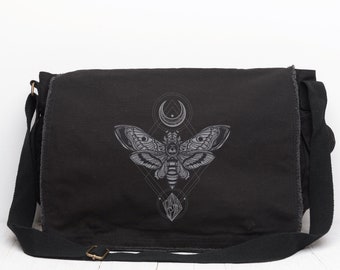 Black Canvas Messenger Bag - Moth Moon and Rock - Messenger Bag Women/Men -  Vintage Messenger Bag Woman