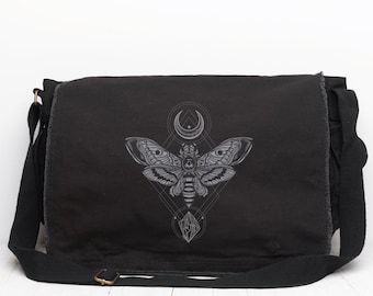 Sac messager en toile noire - Moth Moon and Rock - Sac messager femmes/hommes - sac messager vintage femme