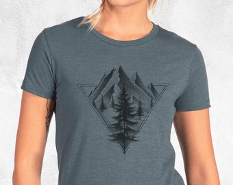 Pine Tree TShirt Women - Mountain Graphic Tees for Women - Triangle and Pines Illustration - Camping Shirt